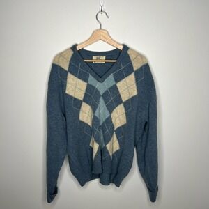 Vintage Lord Jeff Sweater Mens XL Blue Argyle V Neck Lambswool Made Ireland 80s
